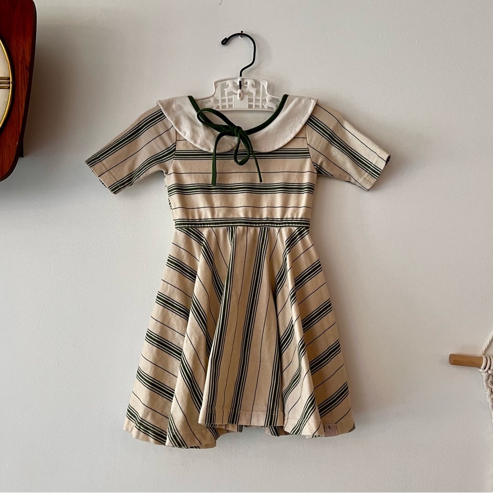 2 Omi Jo Green Striped Collared Ticking Twirl Dress